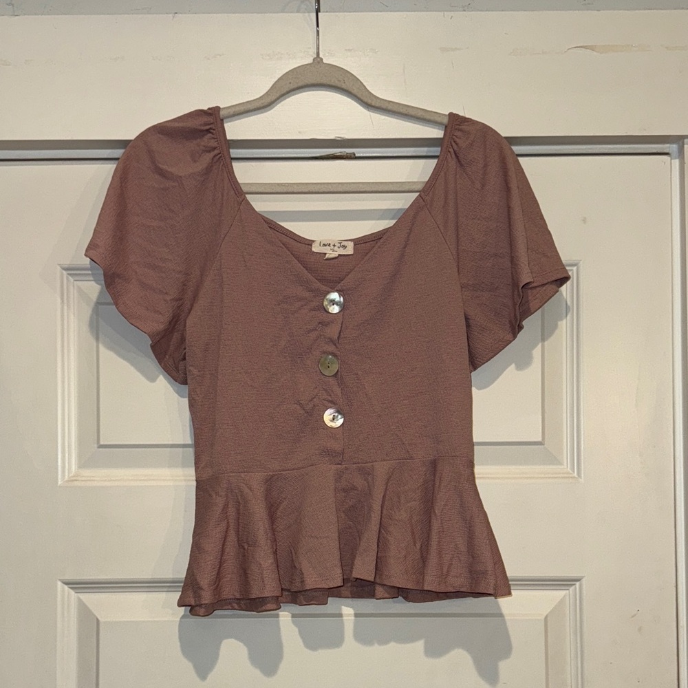 Elegant Brown Peplum Blouse with Button Accents